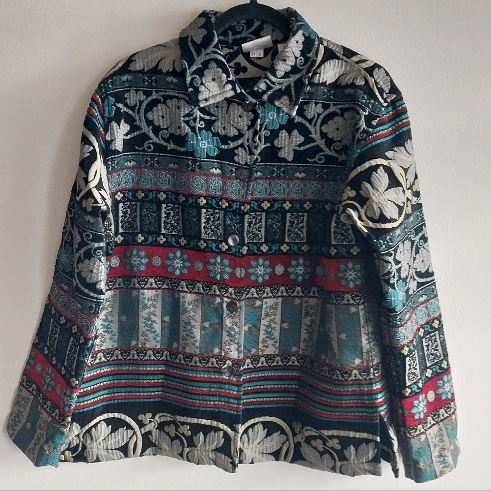 Chico's Multicolor Floral Tapestry Boho Button Front Shacket